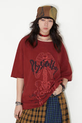 スケルトンレースプリントロールヘム半袖Tシャツ-red