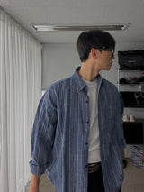 ASCLO リネンデニムストライプオーバーシャツ (2color)
