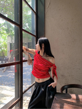 アンバランスカラーオフショルダーストラップストライプTシャツ