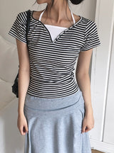 Isho Fake Layered Halter Stripe Button Short Sleeve T-shirt