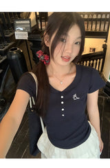 半袖ボタンスリムリブド半袖Tシャツ