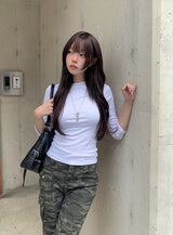 ザニューデイリースリークォーターロゴラベルTシャツ