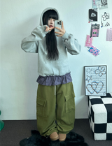 フリースピカブルー❤ベーシックワイドカーゴバルーンロングパンツ💚💙🖤🩶🤍5カラー