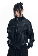 High Neck Leather Crop Jacket - Black
