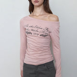 C ローズグラフィックオフショルダーTシャツ_ピンク