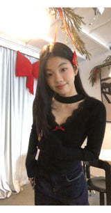 Choker V-neck Lace V-neck Long Sleeve T-shirt