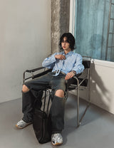 Cross Damage Banding Denim Pants