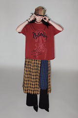 スケルトンレースプリントロールヘム半袖Tシャツ-red