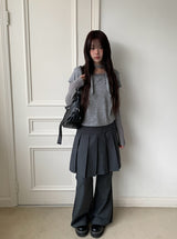 [Muffler Set/Fake Layered] Chad Stripe Layered Short Sleeve Knit T-Shirt Set