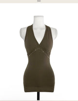 bata silver stud deep halter sleeveless top