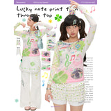 BETWEENAND Summer Millennium Lucky Note Print Slim-Fit Lightweight Semi-Sheer Patchwork Long-Sleeve Top