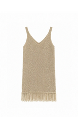 FRINGE-HEM KNIT V-NECK DRESS IN BEIGE