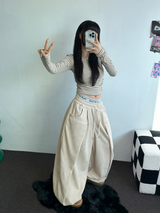 フリース❤サイドシャーリングストライプクロッピードロングスリーブTシャツ 🧸🤎🩶🩵3カラー
