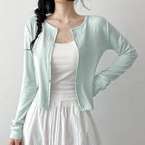  Round Button Long-Sleeved Semi-Crop Cardigan (4 colors)