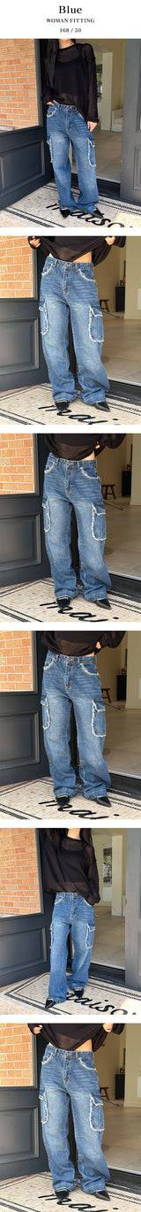 [Unisex] Fringe cargo denim pants(3color)