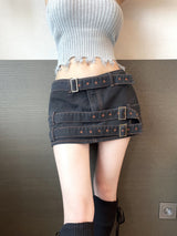 1206. 3 Belt hip denim mini sk (2color)