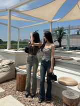High waist light & deep blue washed bootcut long denim pants (2 colors)
