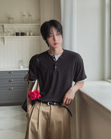 ハーネル レイヤード リブド ヘンリー ネック ショート スリーブ Tシャツ