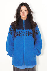 Half-high collar warm and retro jacquard zippered cardigan sweater