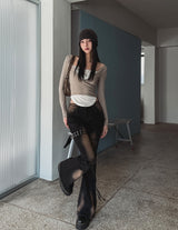Ash Ribbed Deep Button Layered Long Sleeves