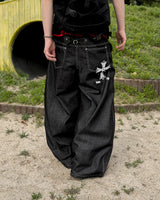 Bone Cross Stud Wide Denim Pants