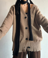 4-BUTTON V-NECK BOXY OVERSIZED LOOSE KNIT BROWN KITSCH AUTUMN THICK CARDIGAN (SCARF SET X)