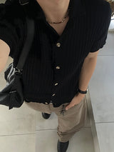 Modern ribbed open-collar short-sleeve cardigan 3C