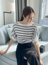 Say Boat-Neck Roll-Up Stripe Knit