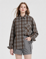 [PRE-FALL] Breed Crystal Oversized-Fit Tartan Checkered Shirt Brown Grey