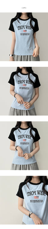 Raffin embroidered 2本ラインカラーラグラン半袖Tシャツ