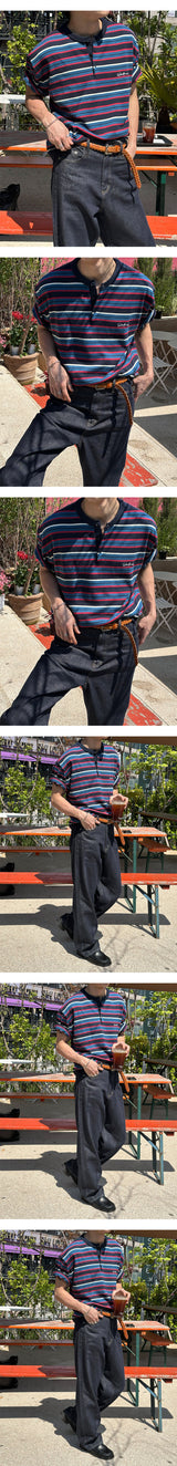 [S/S] Multi stripe henry neck half knit(3color)