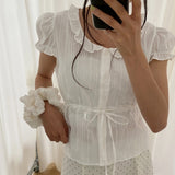 Robenu puff-shoulder frill lace short-sleeve blouse (4 colors) – date look / summer blouse