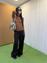 Black high-button-up wide pants