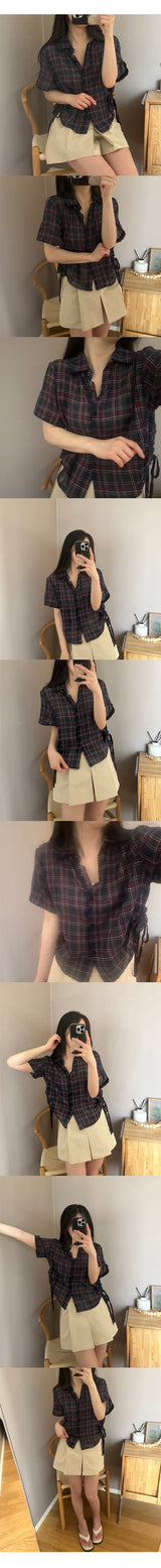 side-line short-sleeved checkered blouse nb