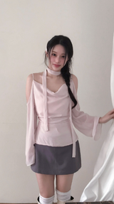 romang drape cut off-shoulder bl tie set