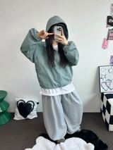 2WAY🩵 オーバールーズチェックウィンドブレーカージップアップ🩵🖤🤎3COLOR