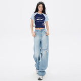 Vintage Frayed Distressed ワイドデニムパンツ