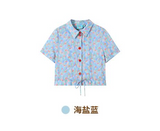 Short-sleeved shirt with lace drawstring and colorful ink print