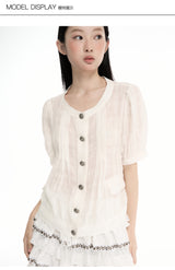CONFUN linen check texture fabric spiral metal fastening round-neck short-sleeve shirt