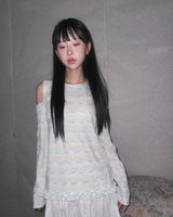 (2color) Frill Slub Stripe Cut-Out Shoulder Long Sleeve Tee