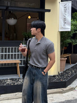 Front cut line henry-neck short sleeve t-shirt