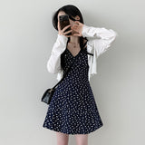 Tirin flower printing tank top mini dress + punching frill cardigan set