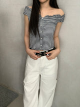 Aaron Check Off-Shoulder Ruffle Blouse  ​