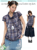 BETWEENAND “Musical Notes Memory” Retro-Style Dark Blue Short-Puffed-Sleeve Plaid Top for Women – New Summer Style