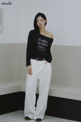 ワイドネックレタリングノーマルフィット長袖Tシャツ