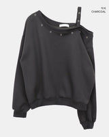 Duon Eyelet Strap Off-Shoulder Fleece Sweatshirt