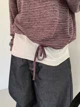 カラン オフショルダー ストラップ ストライプ ロングスリーブ Tシャツ
