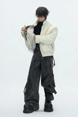 Embroidered Washed Leather Puffer