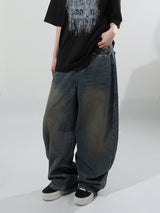 (UNISEX) バックレザーワイドデニムパンツ