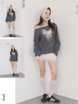 Rose Angel Oversized-fit Off-Shoulder Long Sleeve T-shirt